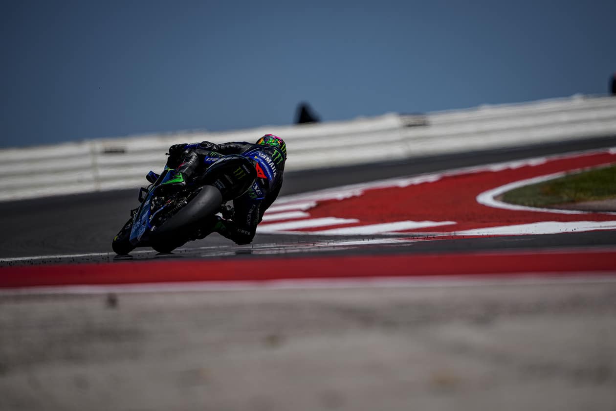 Yamaha MotoGP Racer Making Tight Turn on Track Yamaha MotoGP Racer Making Tight Turn on Track