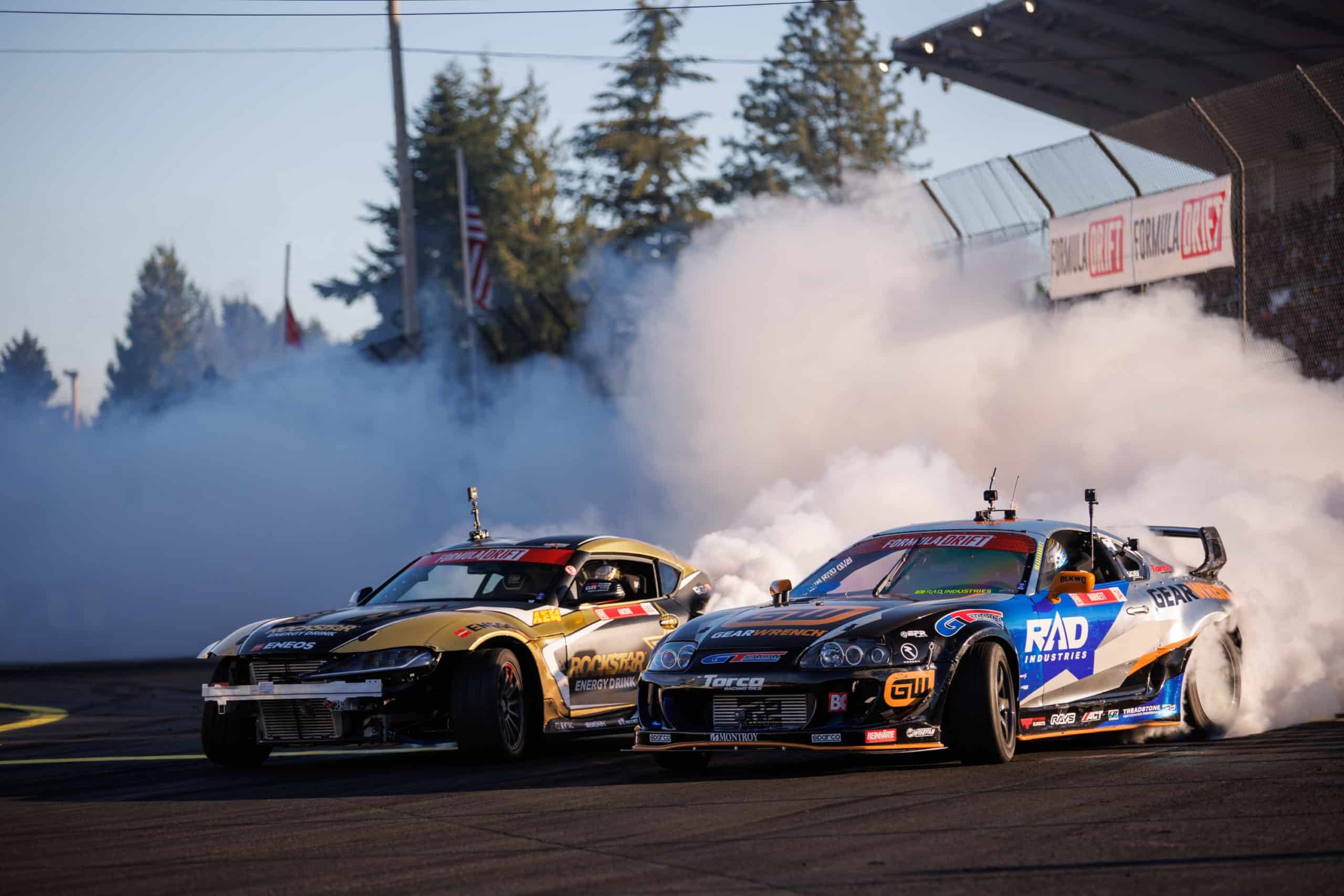 ENEOS Formula Drift cars drifting together