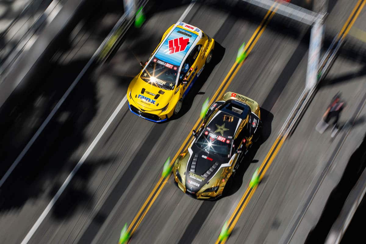 Aerial View of two Formula Drift racers on track