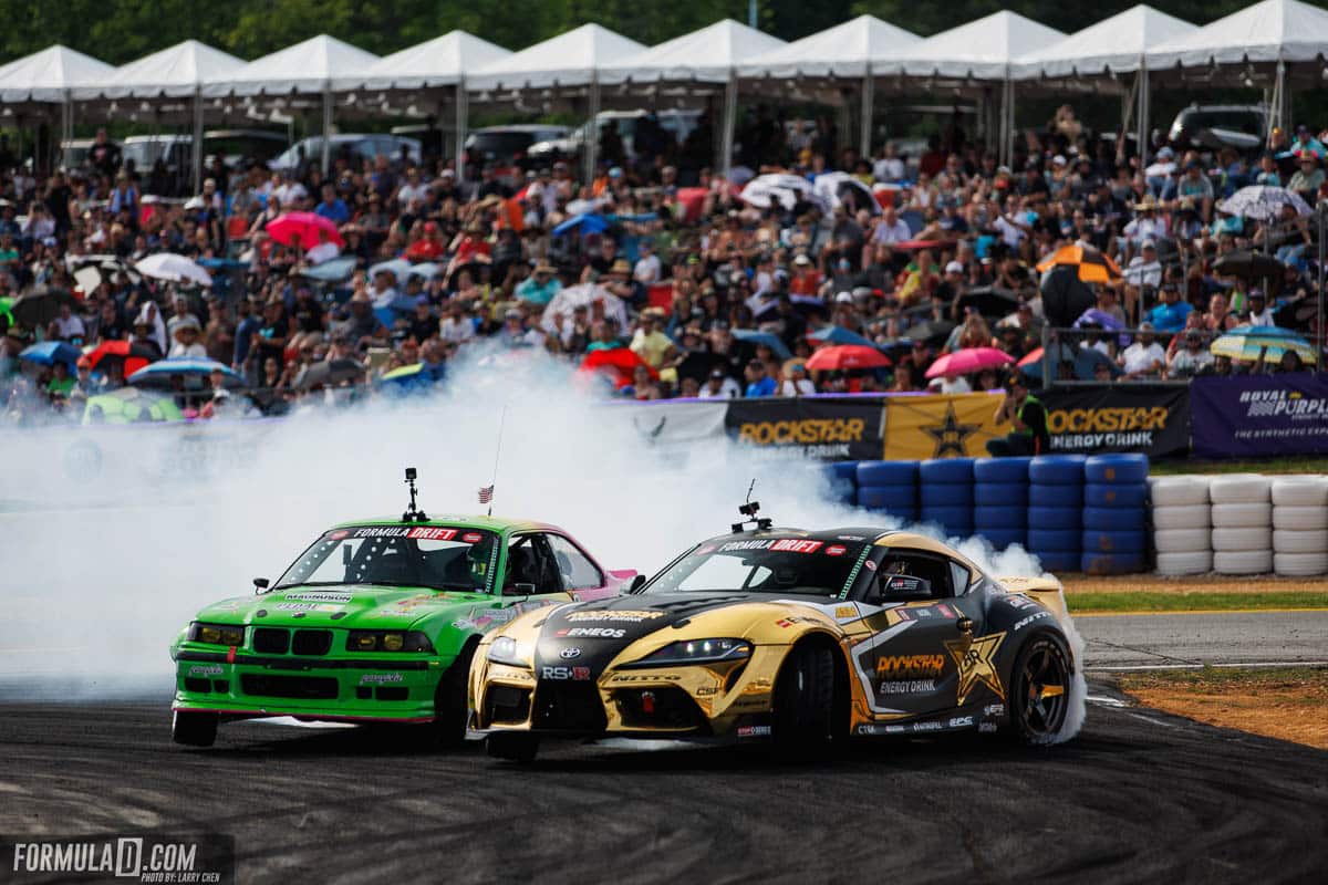 ENEOS and competitor Formula DRIFT racers on track