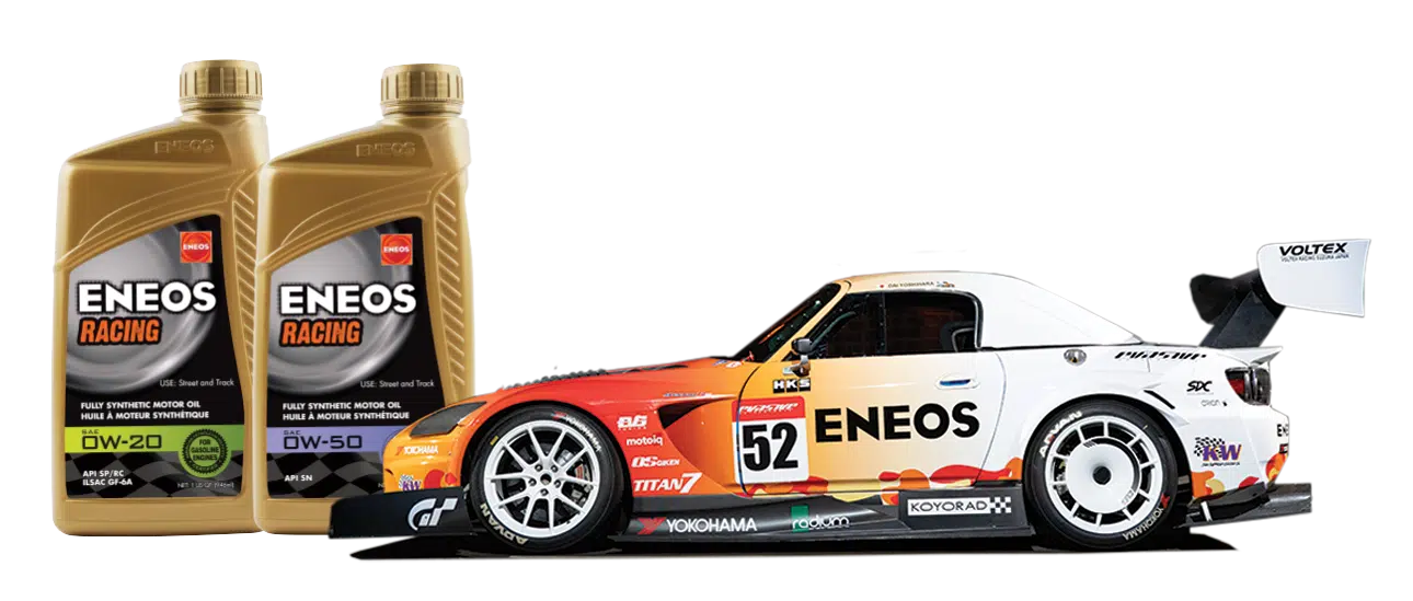 ENEOS vehicle with 0W-20 and 0W-50 bottles
