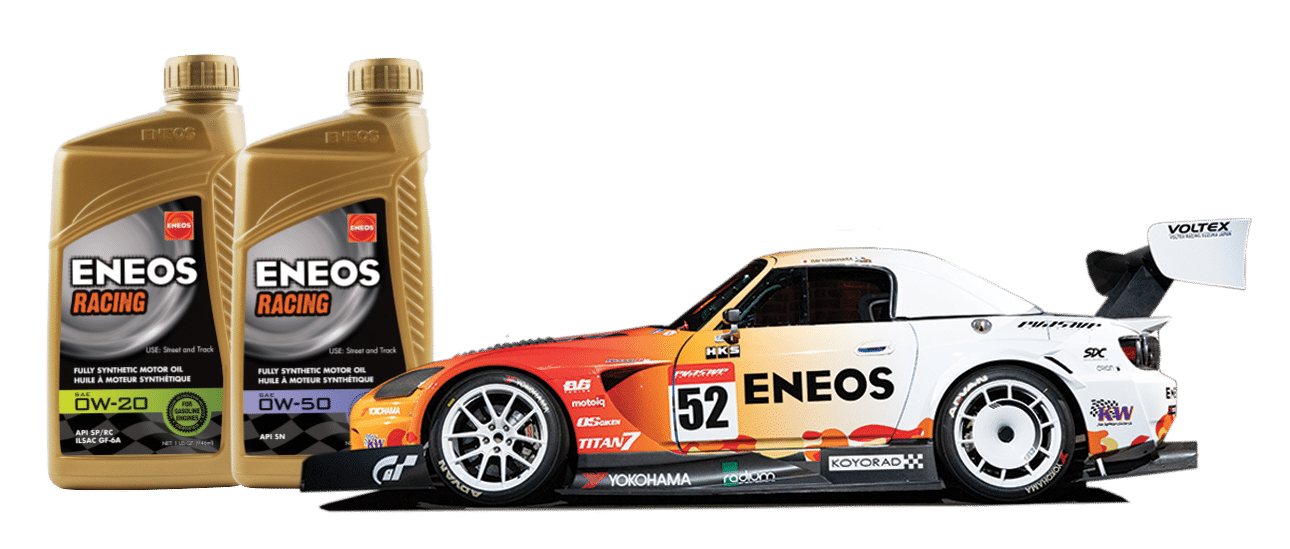 ENEOS vehicle with 0W-20 and 0W-50 bottles