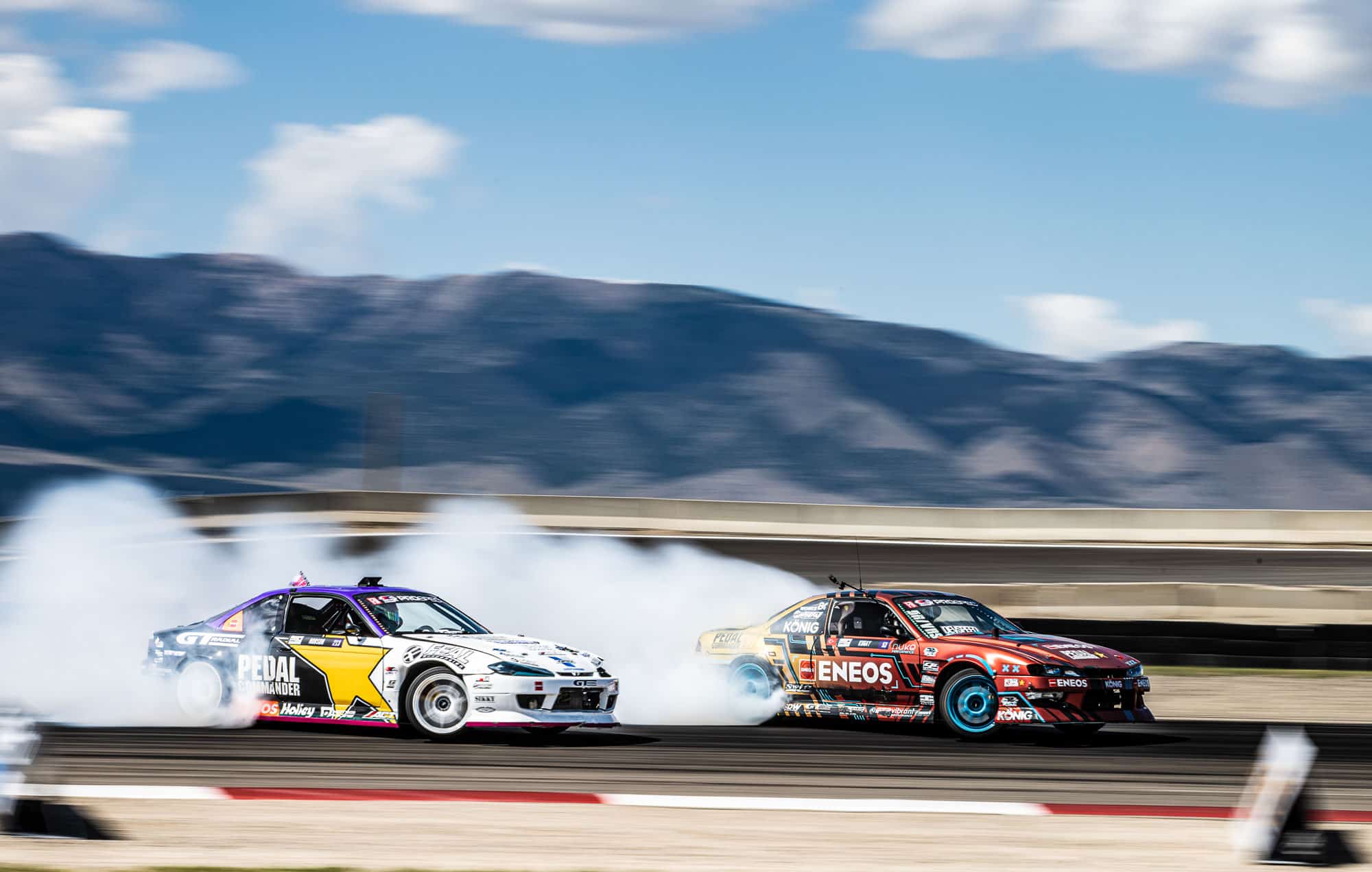 Ben Hobson sliding alongside Faruk Kugay during PROSPEC practice, 2023 Formula DRIFT Utah