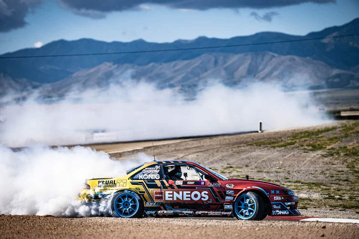 Faruk Kugay at 2023 Formula DRIFT PROSPEC practice session with the ENEOS / Pedal Commander Nissan S14