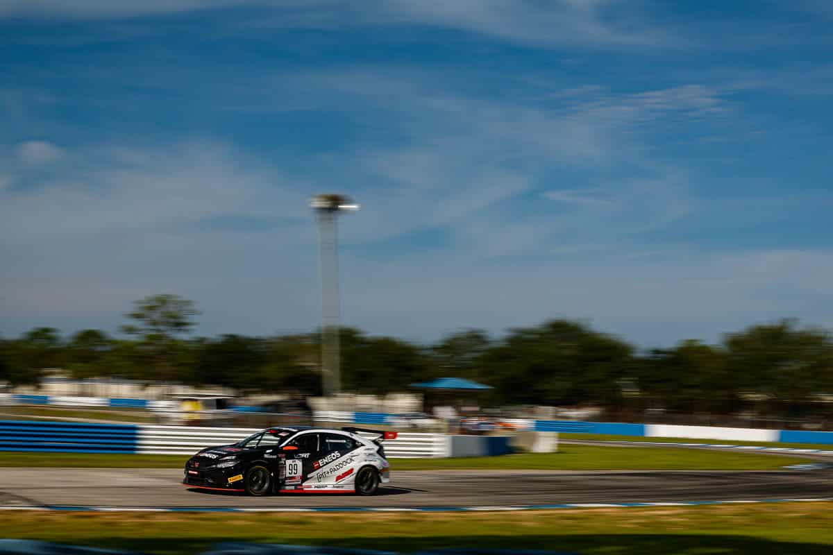 Dai Yoshihara piloting the Pit+Paddock Civic Type R TCX at Sebring TC America 2023.