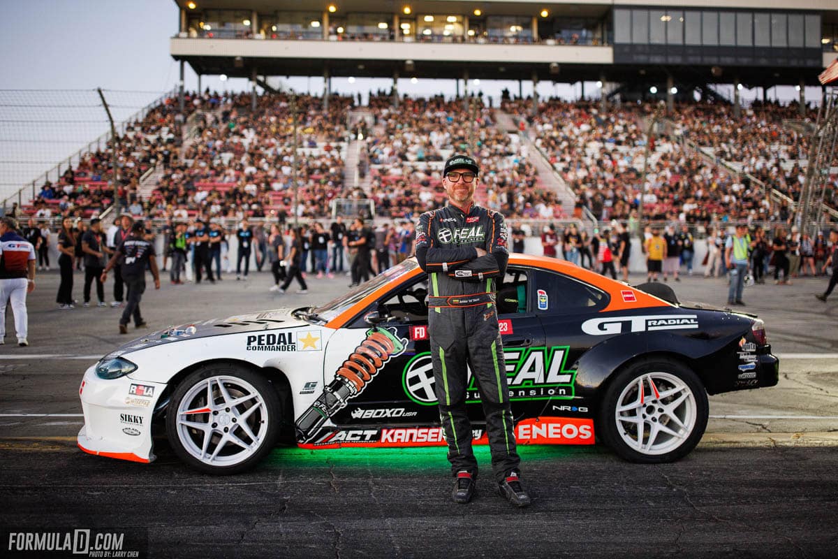 Odi Bakchis and the Feal Suspension / GT Radial Nissan S15 at the Top 16 driver introductions.