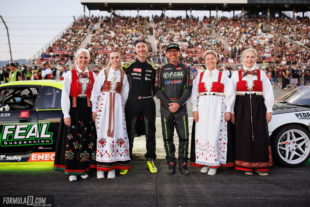 Odi Bakchis joins a Norwegian moment with Simen Olsen during the Top 16 driver introductions. Odi Bakchis joins a Norwegian moment with Simen Olsen during the Top 16 driver introductions.