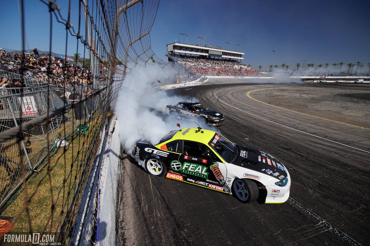 Simen Olsen commanding the Feal Suspension Nissan S14.9 at the House of Drift.