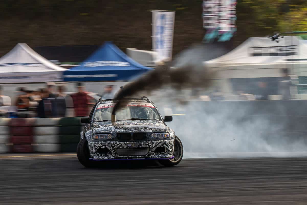 Dylan Hughes in his turbocharged diesel Benz-powered E46 wagon, RSR Drift Festival 2023.