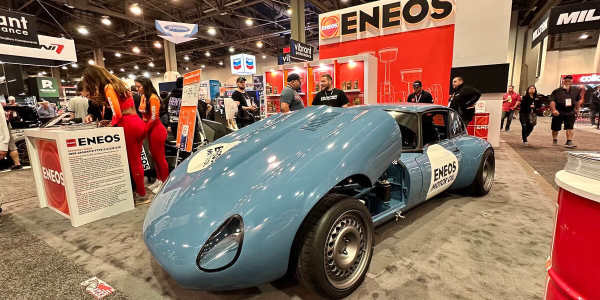 Faruk Kugay’s 2JZ-powered Jaguar E-Type at the ENEOS booth, 2023 SEMA Show