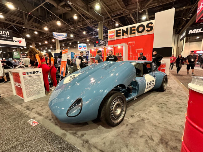 Faruk Kugay’s 2JZ-powered Jaguar E-Type at the ENEOS booth, 2023 SEMA Show