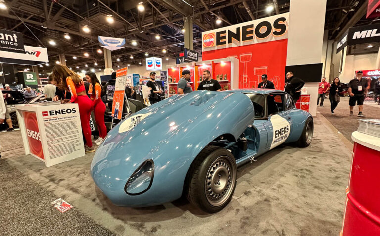 Faruk Kugay’s 2JZ-powered Jaguar E-Type at the ENEOS booth, 2023 SEMA Show