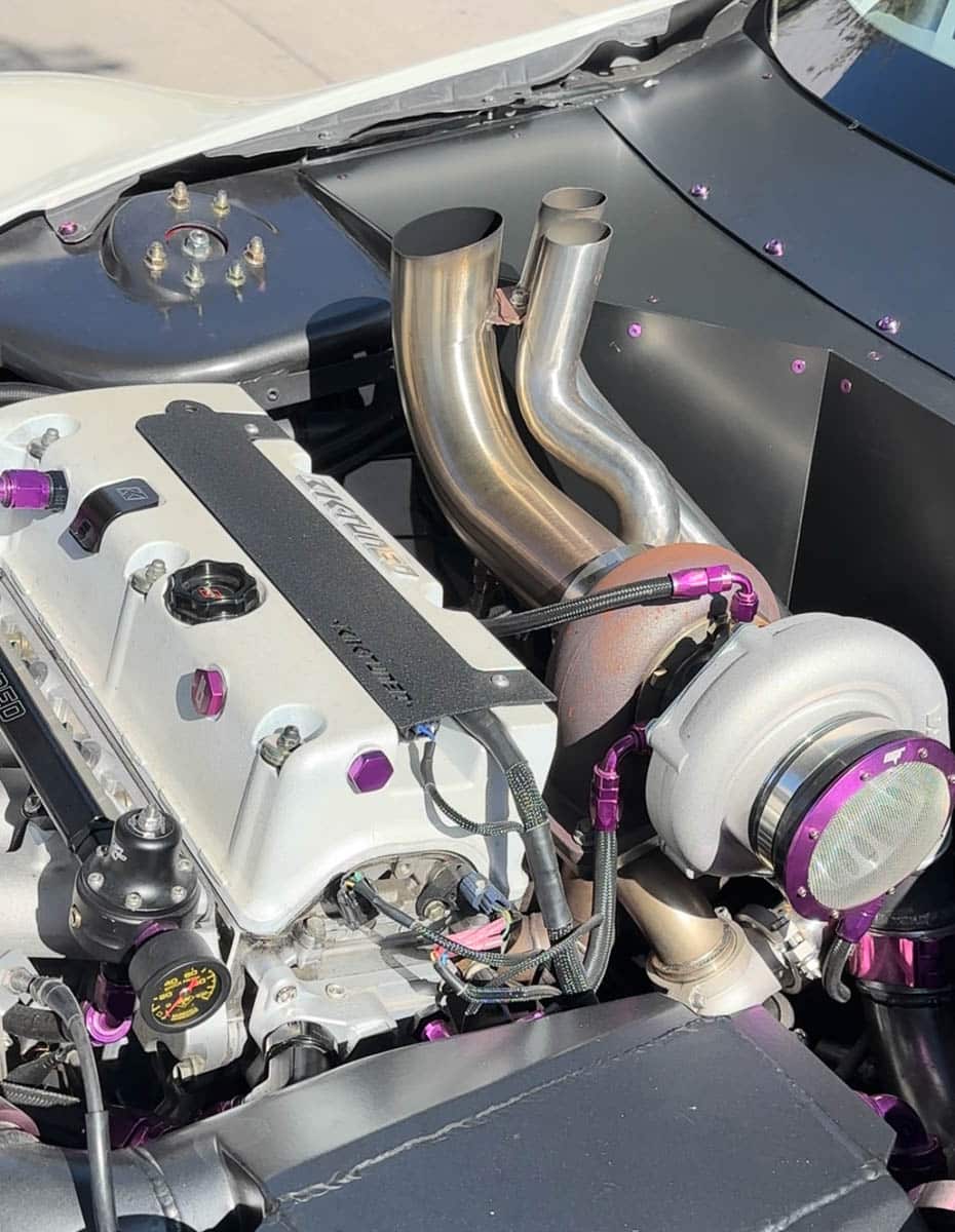Front engine setup of Ashley Robinson’s twin Honda powered Nissan 350Z, 2023 SEMA Show