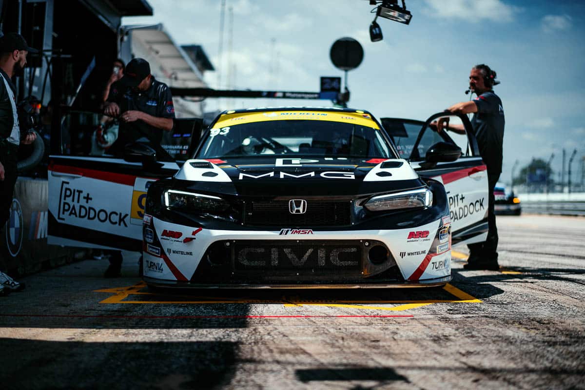 Pit stop maneuver for the Pit+Paddock Civic Type R TCR, 2024 IMSA Sebring, Michelin Pilot Challenge.