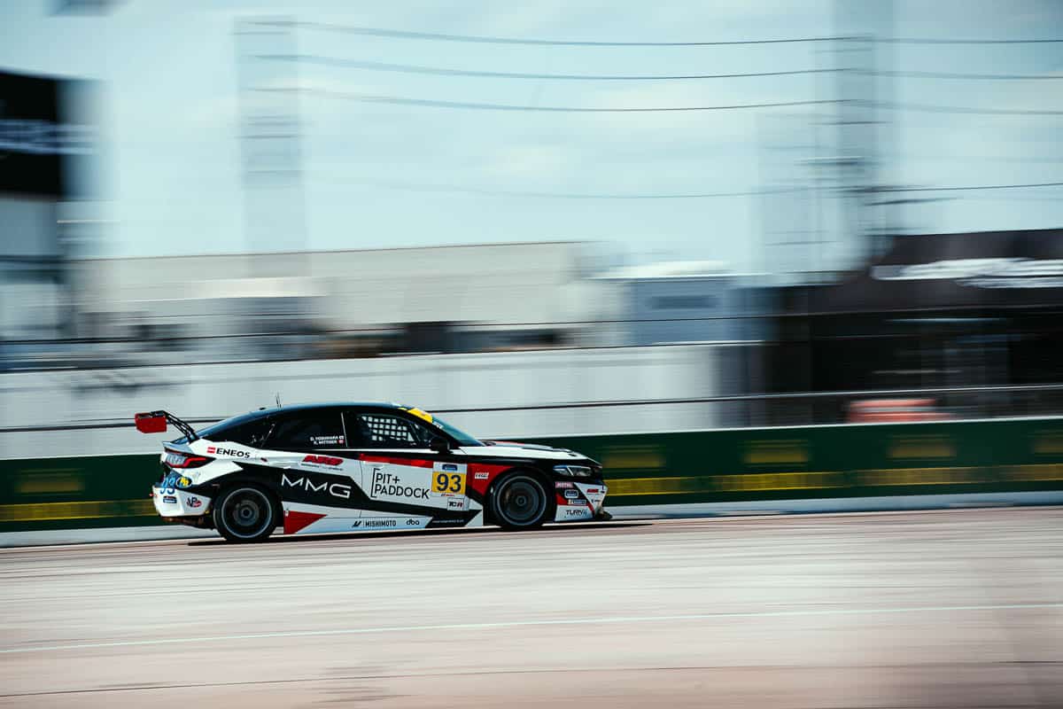 Montreal Motorsport Group on the attack during the main race, 2024 IMSA Sebring, Michelin Pilot Challenge.