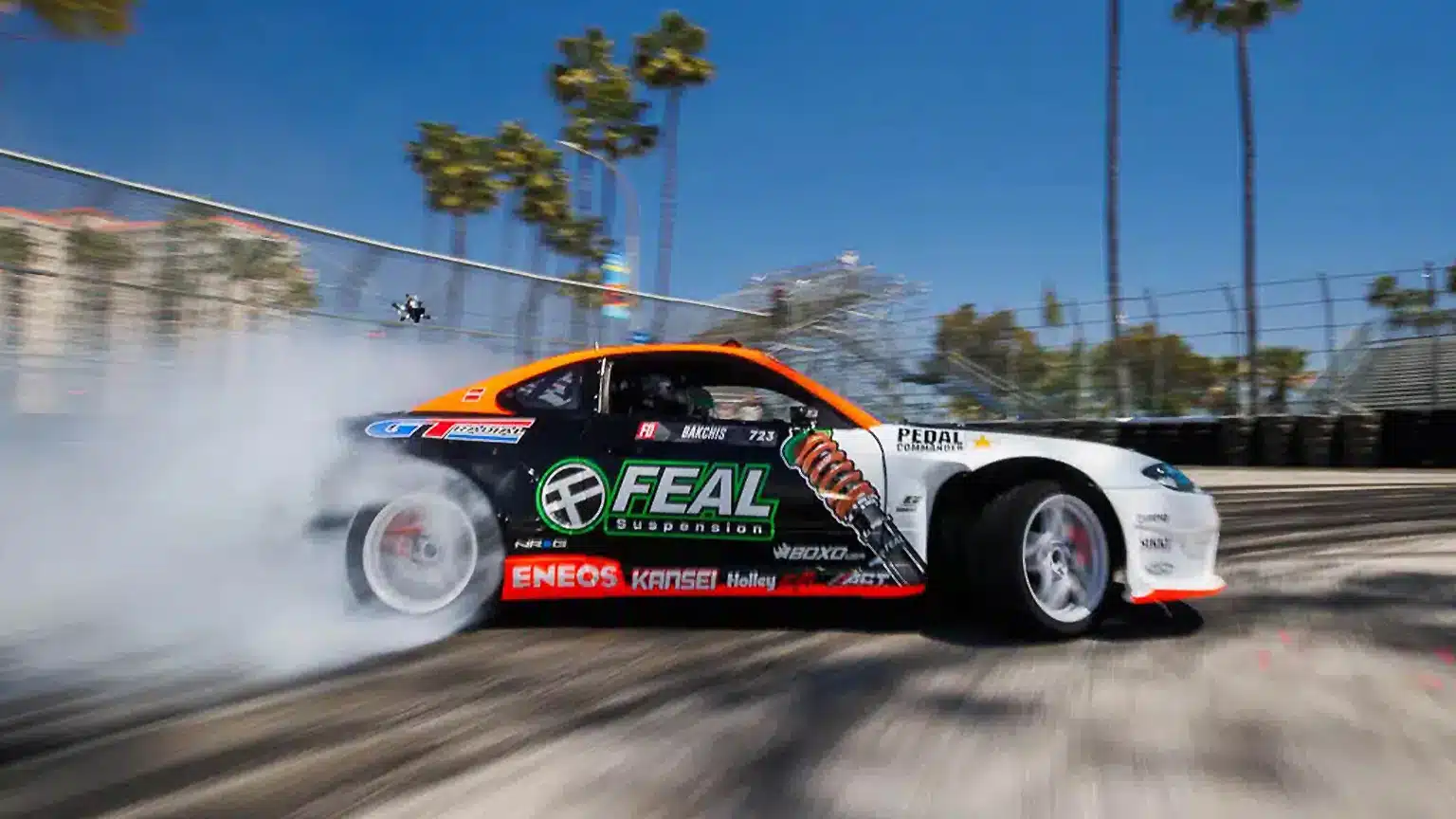 Odi Bakchis piloting the Feal Suspension / GT Radial Nissan S15 at Formula DRIFT Long Beach 2024