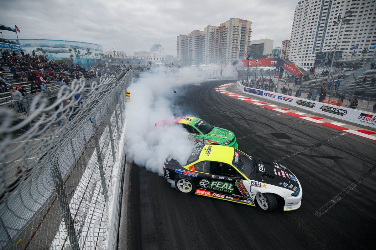 Simen Olsen piloting the Feal Suspension Nissan S14.9, 2024 Formula DRIFT Long Beach