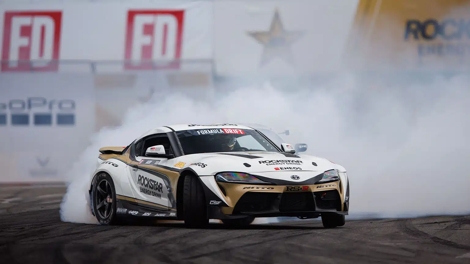 Fredric Aasbo pilots the refreshed Rockstar Energy Toyota GR Supra at Formula DRIFT Long Beach 2024