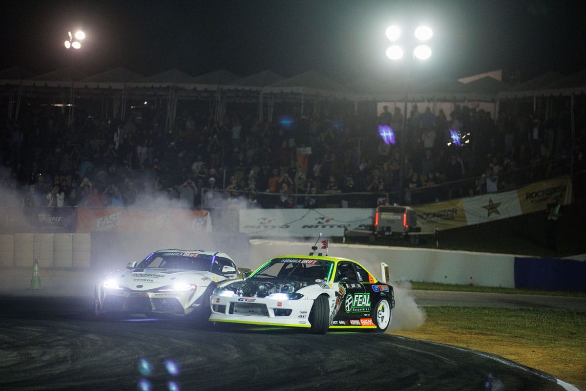 Olsen versus Aasbo during the Finals, 2024 Formula DRIFT Road Atlanta