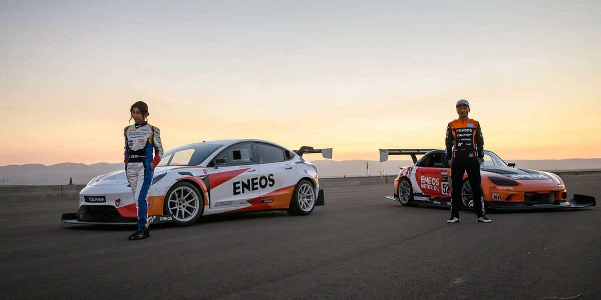 Hana Burton and Dai Yoshihara representing ENEOS and Evasive Motorsports with the Tesla Model 3 and Honda S2000RS, Super Lap Battle Finals 2024