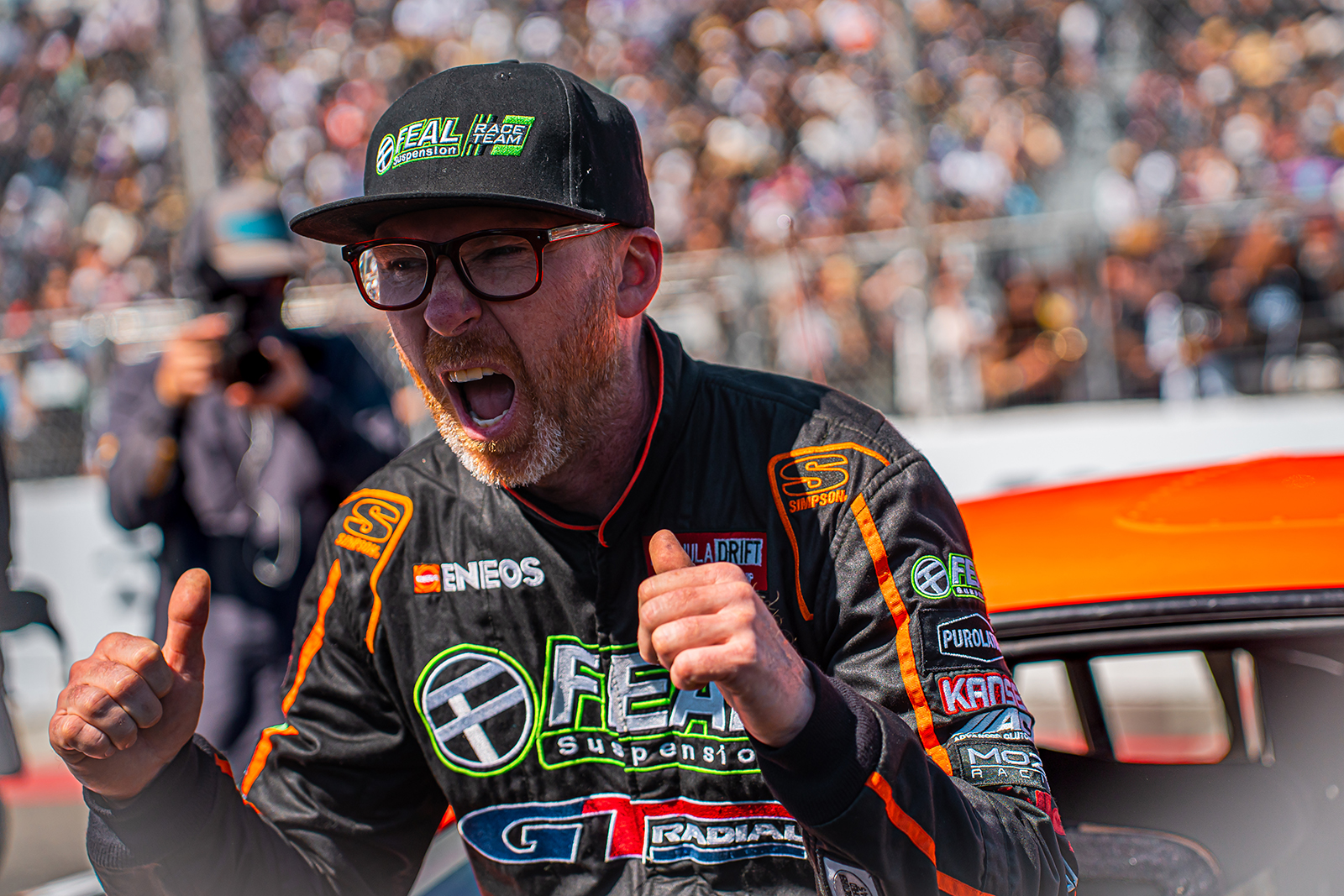 Odi Bakchis during Top 16 driver introductions, 2025 Formula DRIFT Long Beach