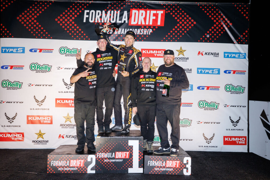 Aasbo celebrating with his Papadakis Racing teammates following his Second place finish, 2025 Formula DRIFT Road Atlanta