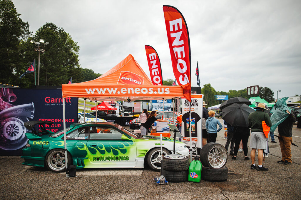 Koruworks S14 positioned at the ENEOS booth, 2025 Formula DRIFT Road Atlanta